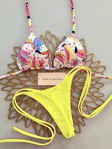 2pcs Women Summer Beach Pattern Print Halter Tie Side Sexy Thong Bikini Set - Yellow - View 1