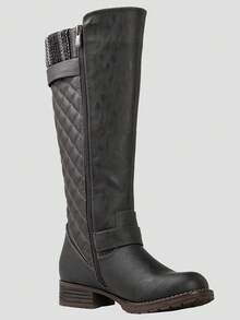 GLOBALWIN Women's Quilted Knee High Boots For Women Low Heel Comfortable Fashion Riding Boots Fall Boots Holiday Season Winter Boots - Grey - View 2