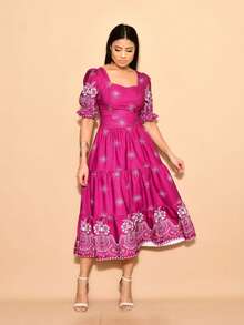 Helena Midi Dress With Crepe Print, Stretch On The Back, Short Sleeves - Màu Hoa hồng đỏ - Xem 3