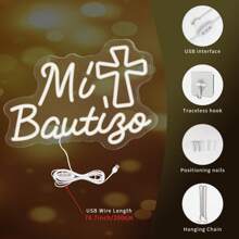 Mi Bautizo Neon Schild - 40 x 28,5 cm LED Wanddekoration, USB betrieben für Geburtstagsfeiern, Taufen, Schlafzimmer & Garten Atmosphäre, am besten für Weihnachten