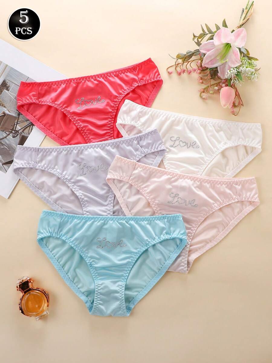 5pcs Women's Underwear, Thin Rhinestone Letters, Mid-Waist Simple And Comfortable Briefs - Multicolor - View 1