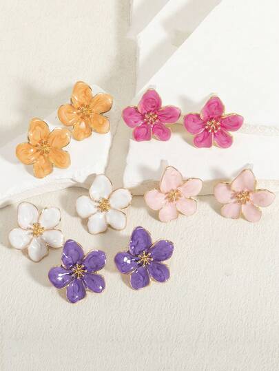 1 Pair Fashionable Elegant Sweet White, Pink, Fuchsia, Orange Ombre 5-Petal Flower Stud Earrings For Women, Suitable For Spring/Summer Daily Wear And Vacation