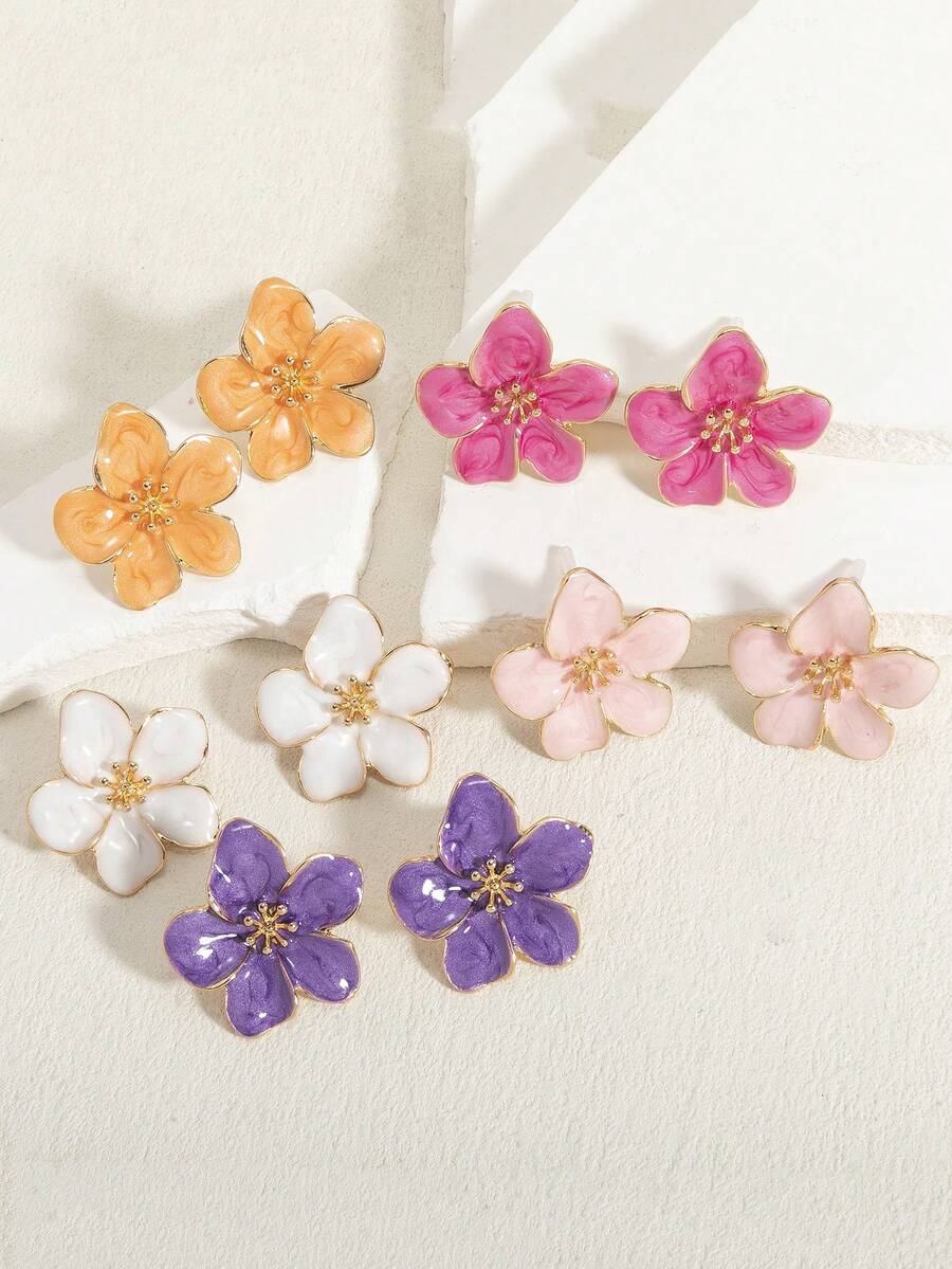 1 Cặp hoa tai đính đá 5 cánh màu trắng, hồng, đỏ hồng, cam sang trọng, thanh lịch và quyến rũ dành cho nữ, phù hợp để đeo hàng ngày/đi nghỉ vào mùa xuân/hè - Hoa tai hoa sứ 5 cánh - Xem 1