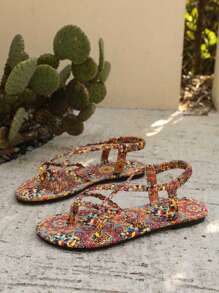 planare Sandalias planas de verano cómodas con estilo bohemio casual de mujer, con correas cruzadas tejidas de colores y estampado geométrico, puntera redonda, diseño slip-on para la playa