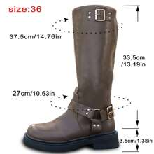 planare Botas de motocicleta de estilo casual con cremallera lateral y hebilla para mujeres, botas occidentales de tacón grueso color marrón moca, calzado de otoño, botas altas para mujeres, botas de goma para invierno, botas por encima de la rodilla, botas hasta la pantorrilla para mujeres que combinan con vestidos negros