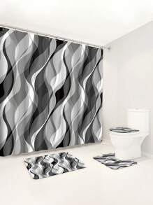4pcs/Set Modern Abstract Wave White & Gray Striped Shower Curtain Set, Waterproof Shower Curtain With 12 Hooks, Bathroom Non-Slip Mat, U-Shaped Toilet Mat And Round Toilet Lid Cover, Bathroom Set For Full Scene Use Back To School