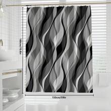 4pcs/Set Modern Abstract Wave White & Gray Striped Shower Curtain Set, Waterproof Shower Curtain With 12 Hooks, Bathroom Non-Slip Mat, U-Shaped Toilet Mat And Round Toilet Lid Cover, Bathroom Set For Full Scene Use Back To School