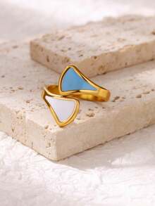 1枚复古风蓝色珐琅花朵戒指，几何蓝白珐琅戒指，金色不锈钢戒指，开口可调节戒指，艺术珠宝时尚配饰，女士配饰，情人节礼物，母亲节礼物 - 金黃色 - 查看 6