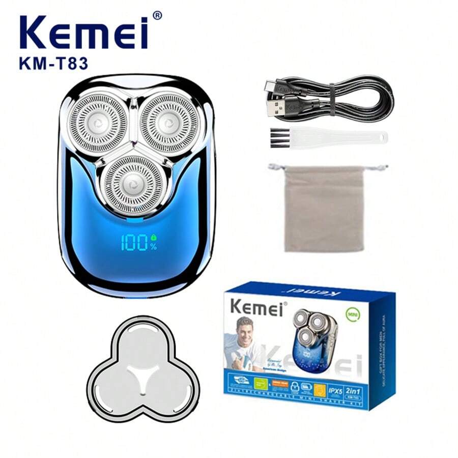 Kemei Afeitadora eléctrica mini para hombres KM-T83 con 3 cuchillas, IPX5 resistente al agua, totalmente lavable, portátil para viajes, recortadora de barba, carga tipo C, afeitado en seco o húmedo, máquina de afeitar recíproca para rostro, 1 pieza