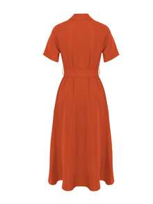 [Customized Development] Women's New Arrival Fashion Short Sleeve Solid Color Elegant Casual Shirt Dress Summer - Burnt Orange - View 3
