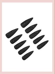 24片杏仁形黑色3D美甲贴纸，蛇纹超长尖头亮面全覆盖假指甲，秋冬季美甲装饰用品 - 黑色 - 查看 3