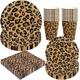 豹纹派对用品 - 猎豹印花派对装饰餐具、盘子、杯子、餐巾、动物豹纹主题生日婴儿送礼会派对用品