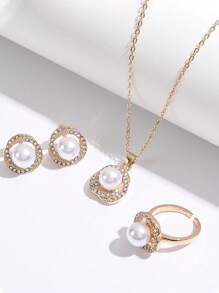 4pcs Set & Elegant Simple Style Crystal & Faux Pearl Wrap Pendant, Earrings, Ring, Necklace Set, Suitable For Girls Party & Event