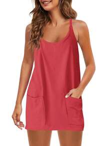 Womens Sleeveless Athletic Hot Shot Mini Dress With Built-In Shorts Sundress - Red - View 3