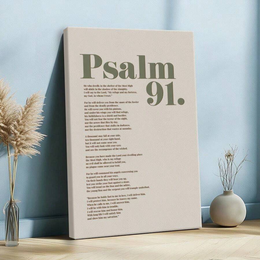Sage Green Psalm 91 Bible Verse Wall Art, Christian Modern Scripture Poster, Christian Poster, Psalm Quotes, Scripture Art, Wooden Framed Canvas Poster - Framed, Vertical - 裱框畫布 - 查看 1
