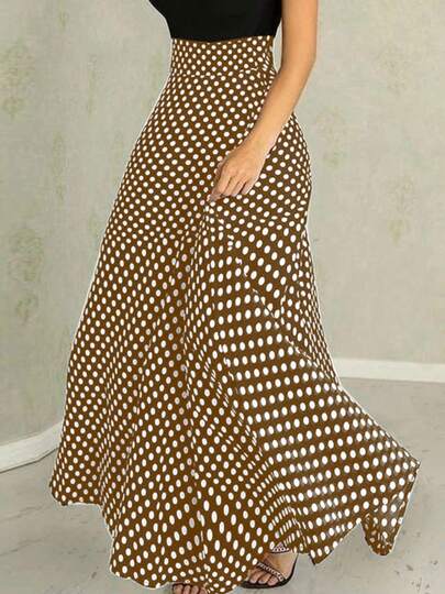 ZANZEA Women High Waist Polka Dot Long Skirts Skater Summer Holiday Casual Party A-Line Swing Skirt