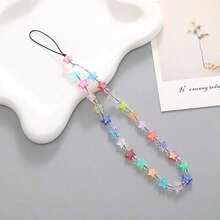 AB 彩色星星串珠手机带防盗手机吊饰免提手机腕带，适合女士女孩 AB 彩色星星手链手机挂绳手机链腕包钱包腕带 - 1pc - 查看 10