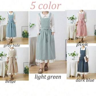 Women Linen Apron Adjustable Waistline Bib Apron, Lightsome Soft Apron With Pockets Gardening Works Dress