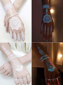 6 Sheets Blue Luminous Tattoo Stickers For Girls, White Lace Lotus Tattoos Mandala Flower Fake Jewelry Pendant Pattern, Glow In The Dark Waterproof Fake Tattoos For Arm Neck Hand Back Finger, Wedding Music Festival Party Supplies