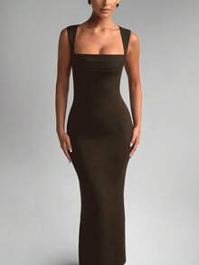 Sommer Damen ärmeloses Bodycon elegantes langes Kleid mit quadratischem Kragen, sexy Party Abendkleid - Braun - Übersicht 2