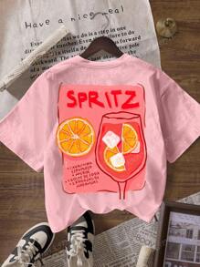 Camiseta de manga corta y cuello redondo con Aperol Spritz, colección casual de vuelta a la escuela para mujeres
