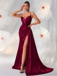 Elisanya 深V領細肩帶舞會禮服，大腿高開衩、高腰露背綁帶設計，適合舞會、晚宴或活動的晚禮服 - 酒紅色 - 查看 9