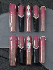 10 peças de unhas postiças artesanais, unhas rosa, strass, adesivos, faça você mesmo, suprimentos para unhas, unhas postiças, estilo francês, bailarina extra longa, unhas postiças com cobertura total estilo flor, estilo garota atraente, atualize seu visual, adequado para festas/festivais de música e uso diário, viagens para mulheres/meninas, festa