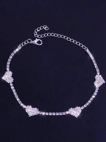 1pc Double Heart Crystal Anklet, Sparkling Foot Jewelry Accessory - Silver - View 2