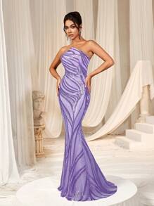 ​Strapless Sequin Mermaid Gown With Back-Tie Detail: Women's Formal Evening Dress For Grand Galas, Red Carpet Events, Luxury Weddings