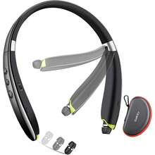 Nuevo conjunto Bluetooth-88, Auriculares Bluetooth tipo collar Ged con auriculares retráctiles, auriculares estéreo con cancelación de ruido y micrófono, audífonos inalámbricos plegables para deportes y estuche de transporte - Negro - Ver 1