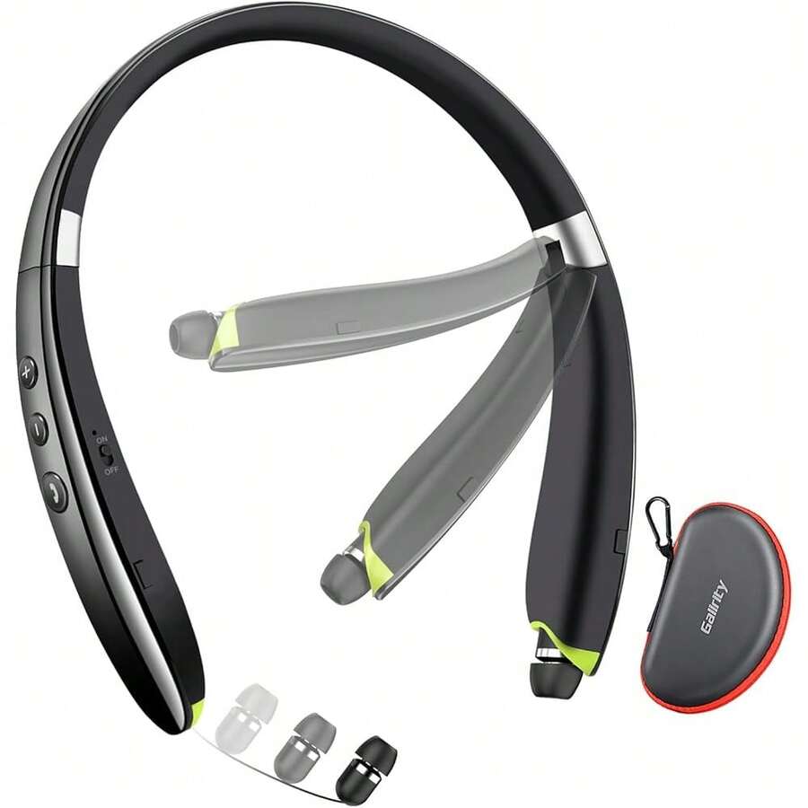 Nuevo conjunto Bluetooth-88, Auriculares Bluetooth tipo collar Ged con auriculares retráctiles, auriculares estéreo con cancelación de ruido y micrófono, audífonos inalámbricos plegables para deportes y estuche de transporte - Negro - Ver 1