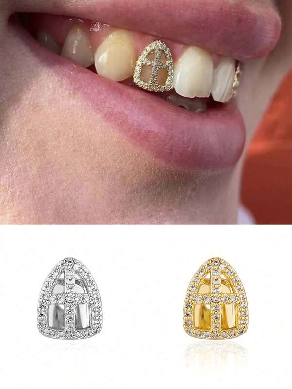 1pc Fashionable Rapper Teeth Jewelry Fully Inlaid With Zirconia, Adjustable Women's Teeth Grill, Party/Nightclub Decorations, Funny Stage Props