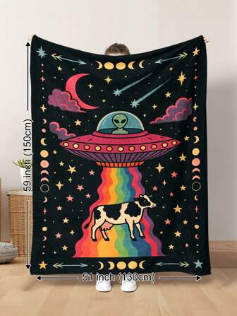 1pc Vintage Occult, Alien, UFO, Abducted Cow, Rainbow Light, Sun And Moon Pattern Soft Plush Blanket, Warm And Cozy For All Seasons, Suitable For Living Room, Sofa, Lounge Chair, And Bedroom, Great For Travel, Camping Or Gift