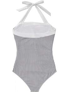 Women Sexy Tummy Control One Piece Swimsuit Halter Retro Bathing Suit - 68 Navy Blue Striped - View 5