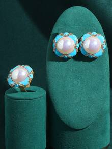 4 件套法式珐琅蓝花瓣仿珍珠镶嵌耳环和戒指首饰套装