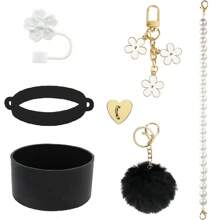 Set de 7 accesorios para taza, que incluye 1 pieza de correa para botella de agua con asa de perlas falsas, 1 pieza de bota de silicona, 1 pieza de tapa con pajita de silicona, 1 pieza de gancho con forma de corazón, 2 piezas de encantos para tumblers de 40 oz y 30 oz - Perfecto para el Día de la Mujer, San Valentín, Día de la Madre, útiles escolares