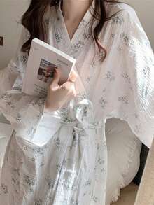 1pc Women Ditsy Floral Long Sleeve Robe, Elegant Simple Design, Lightweight Bathrobe/Loungewear For Spring/Autumn, Petite To Plus Size - Beige - View 2