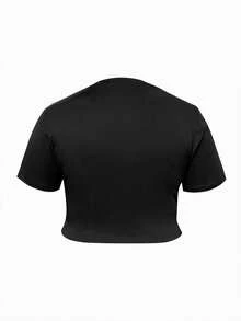 LovelyWholesale Plus Size Women's Solid-Color Ripped Slim-Fit Cropped T-Shirt - Black - View 3