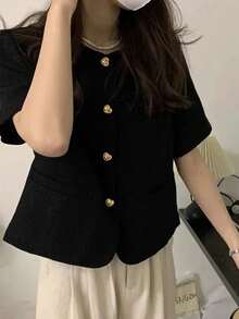 复古黑色大码女式短袖衬衫，修身轻便夏季休闲夹克 - 黑色 - 查看 2