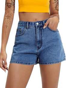 2026 Jean Shorts For Women Basic Wash Stretchy Solid Denim Summer Hot Short Y2k Casual Jorts - Navy Blue - View 1