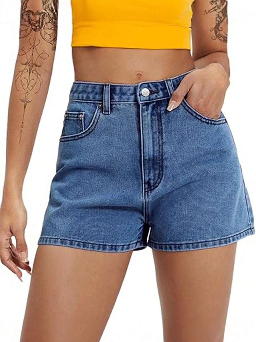 2026 Jean Shorts For Women Basic Wash Stretchy Solid Denim Summer Hot Short Y2k Casual Jorts - Navy Blue - View 1