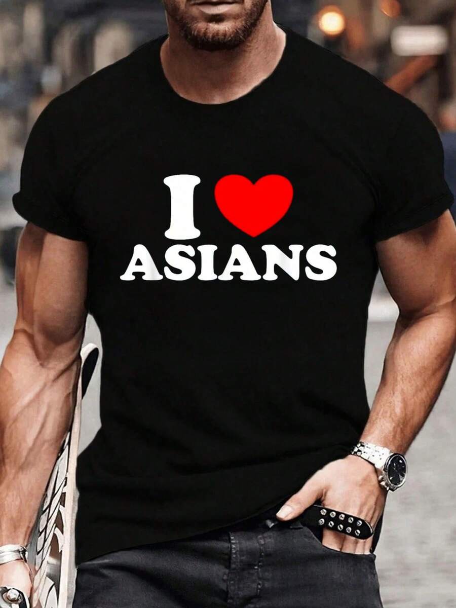 100% Cotton I Love Asian Women I Heart Asians T-Shirt Fashion Women's Men's Graphic Tee Causal Tops - 黑色 - 查看 1