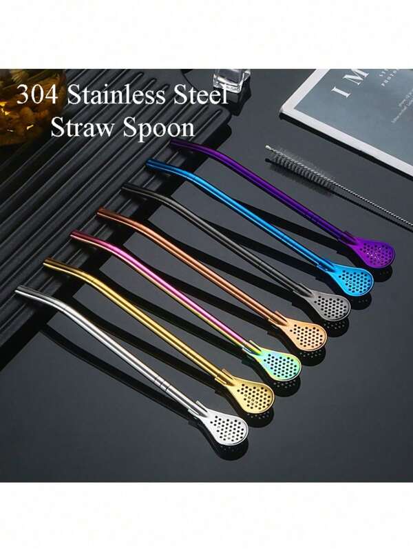 304 Stainless Steel Bubble Tea/Tea Straws With Spoon, Detachable Mate Tea/Coffee Stirrer Cup Accessories,School Supplies