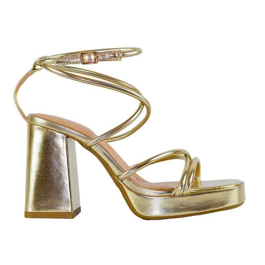 Taurus - Square Toe Ankle Strap Block Heels, Cushioned Comfortable Insole, Stylish Party Heels, Elegant Night Out Footwear For Women - Gold - View 1