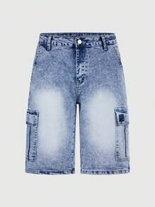 Shorts cargo casuales de denim elástico con múltiples bolsillos para hombre