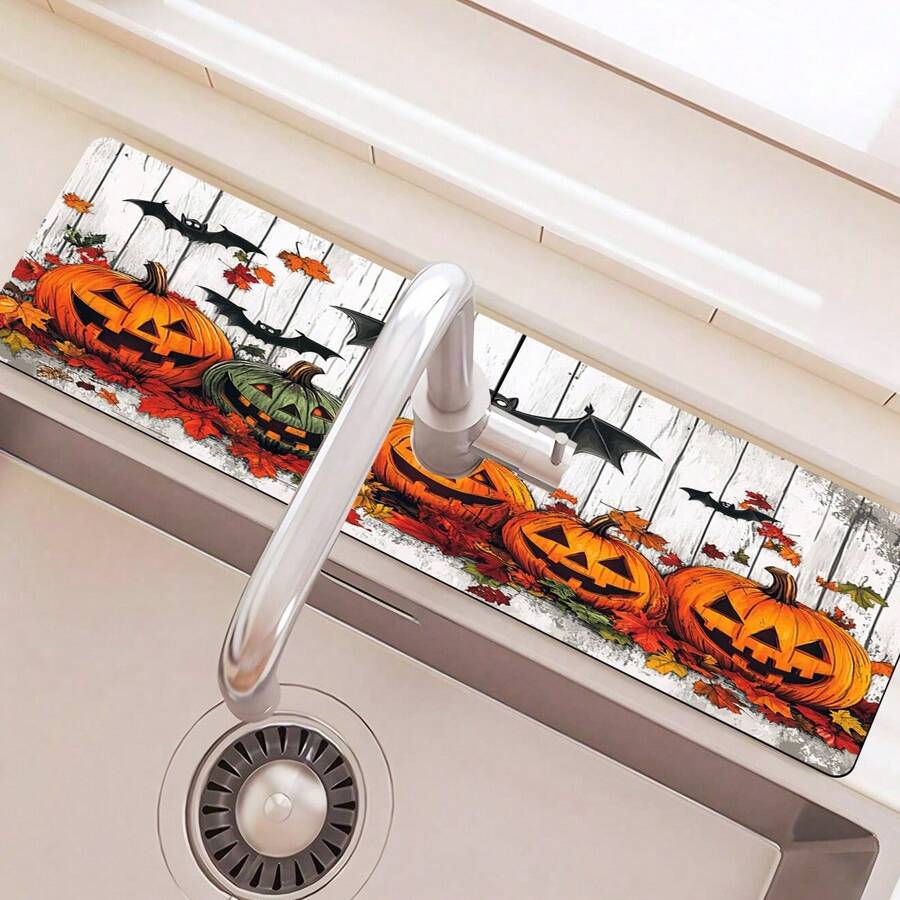 1pc Halloween Themed Faucet Mat - Ghost And Pumpkin Pattern, Absorbent Polyester Drain Mat, Suitable For Kitchen And Bathroom Sink, Waterproof Slip-Resistant Surface Protection