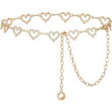 Cinto de Cintura Feminino de Metal com Cristais de Strass em Forma de Coração, Correntes Prateadas e Douradas, Acessório para Vestidos