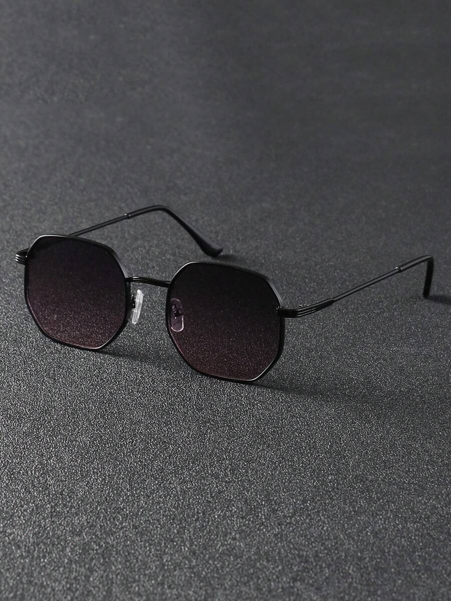 1 件男士金属框架几何边框太阳镜，适合户外、度假、通勤、防紫外线 - 黑灰粉 - 查看 1
