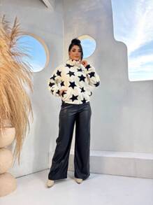 Women's Plush Blouse Coat Star Print Zipper Turtleneck Warm And Comfortable Fall Winter Fashion