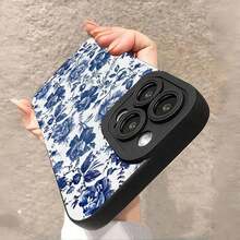 Funda para phone (1 unidad) con estampado floral azul. Recortes precisos para proteger la cámara. Diseño resistente a los golpes. Compatible con phone X, XS, 11 Pro Max, 12 Pro Max, 13 Pro Max, 14 Pro Max, 15 Pro Max, 16 Plus y 16 Pro Max. - Negro - Ver 2
